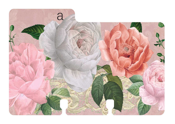 A 3" x 5" Rolodex divider in our "Shabby Rose" pattern. It has a dusky pink background with a vintage swirl pattern in tan. There's tan lace and cabbage roses in white, pink and coral. There's a lower case "a" on the divider tab.