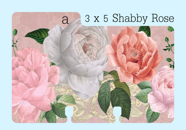 A 3 x 5 "A" Rolodex divider in a vintage pink, green and beige pattern with roses and lace. It is on a blue background with the words "3 x 5 Shabby Rose".