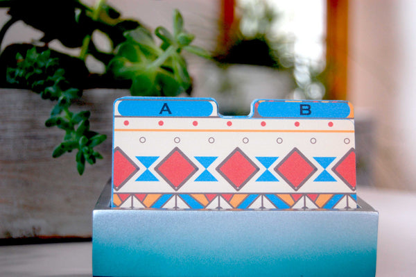 Aztec Pattern Rolodex Dividers in a pretty holder with plants in the background
