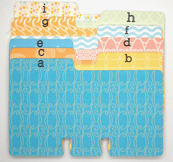 Pretty colored Rolodex dividers in many pastel patterns.  Each divider has a lower case letter from a to i.