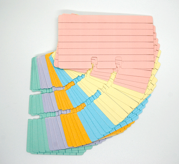 A set of 30 lined, pastel Rolodex cards in pink, yellow, blue, orange, purple and green.