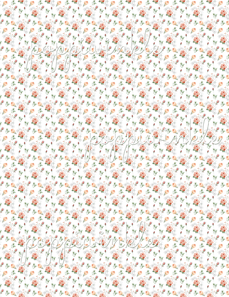 A sweet calico rose print. A white background has a repeating pattern of pink roses and rosebuds, black and white detailing, and leaves. It looks like a vintage calico fabric print.
