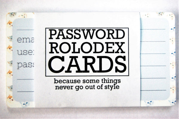 Cat password Rolodex cards in a wrapper that says "because some things never go out of style