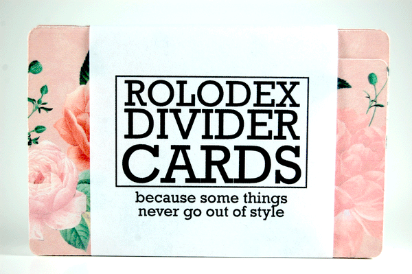 Pink Floral Rolodex Dividers in a cute wrapper. The wrapper says "Rolodex Divider Cards: because some things never go out of style."