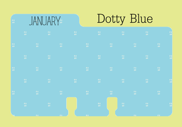 A medium blue colored Rolodex Divider: This sturdy Rolodex Divider is blue with a repeating pattern of four tiny white dots. The word "JANUARY" is written in black capital letters on the tab. It is shown on a pale green background with the words "Dotty Blue" written in black.