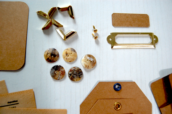 Close up of gold corners, 5 mother of pearl buttons, and gold label holder with label and 2 gold brads.