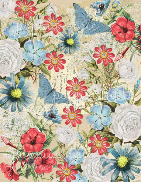 A large scale floral digital print. The tan background has handwriting in French. There are red daisies, white  roses and blue flowers. There is greenery and blue butterflies. Some flowers have a yellow center.