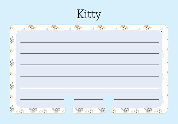 A pale blue hand made Rolodex card. The center has 6 lines for writing. The border is filled with watercolor images of cats in a repeating pattern.