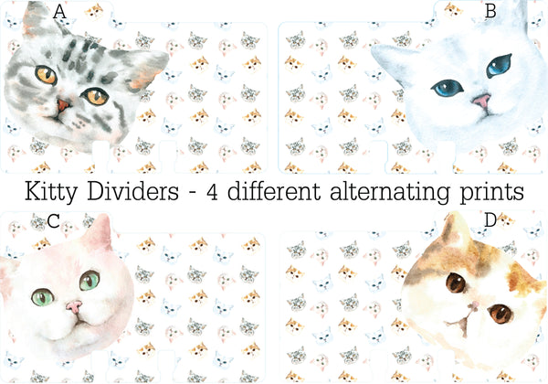 Rolodex Dividers for cat lovers - 4 different kitty faces with a kitty print background. (The Kitty Rolodex Dividers have 4 alternating styles: a tabby, a white kitty with blue eyes, a white kitty with pink ears and green eyes, and a tortoise shell kitty with brown eyes.)