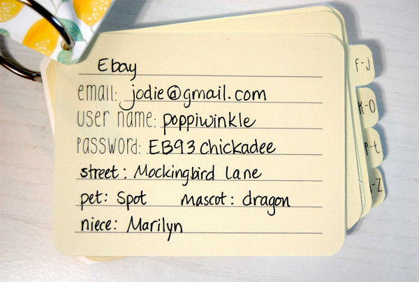 A  pretty citrus password keeper with a filled out card showing website, email, user name, password, and answers to questions
