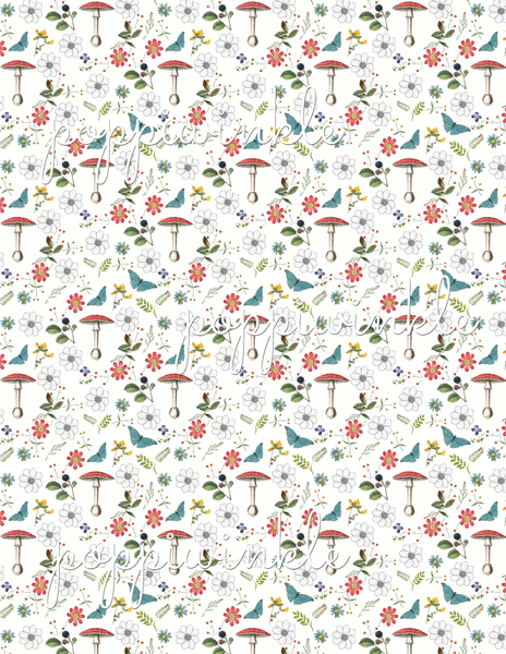 A medium scale floral print with red mushrooms, blue butterflies and daisies and black and white florals.