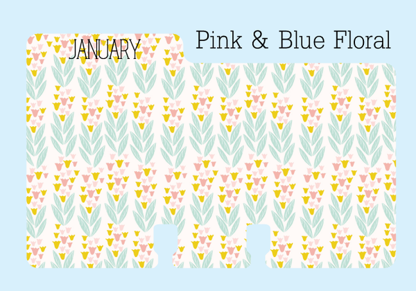 A colored Rolodex divider: The print is a white background with mint green leaves and pink and tan flowers. The word JANUARY  is printed in black on the Rolodex divider tab. The  divider is shown on a pale blue background with the words "Pink and Blue Floral" printed in black.