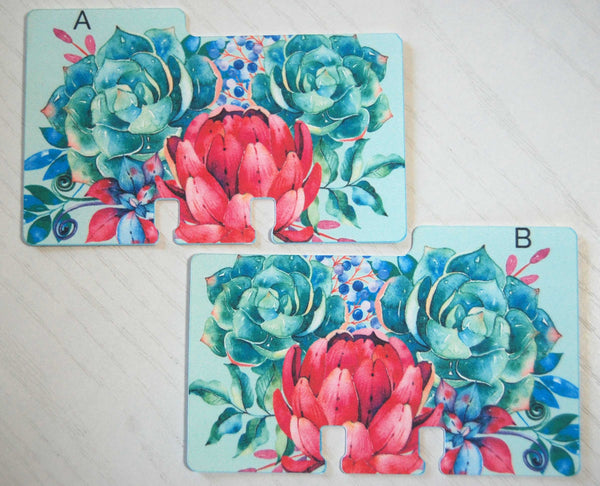 Two printed alphabet Rolodex dividers in a floral print. The A and B divider are in colors of mint, green, blue , pink and purple.