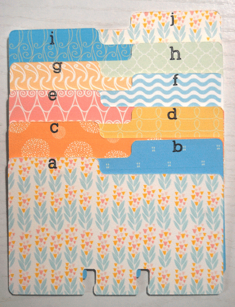 Pretty Rolodex Dividers in 9 different patterns. The alphabetized Rolodex dividers come in a floral print, blue with dots, orange puffs, yellow swirls, pink and white, blue wave, tan and white, green and white and blue with yellow swirls.
