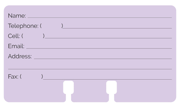 A Pastel Purple Rolodex Contact Card. There are 7 lines for Name, Telephone, Cell, Email, Address, and Fax