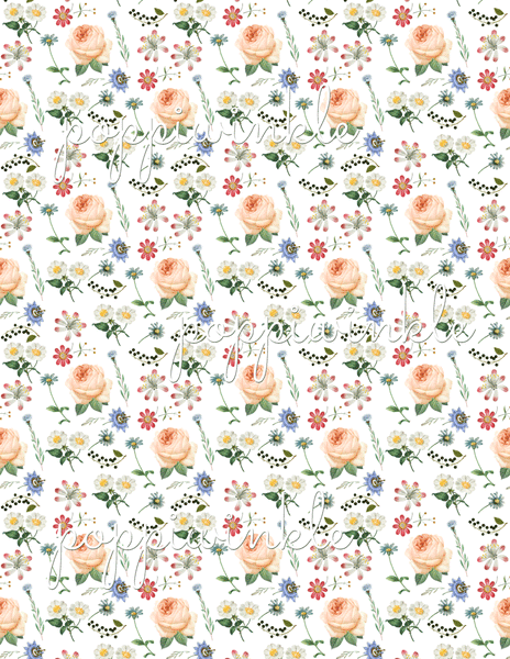 A medium sized floral digital 8.5" x 11" print in a repeating pattern. A peach rose, red lilies and daisies, white daisies and blue love-in-a-mist.