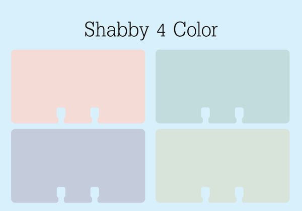 Shabby 4 Color Tiny Rolodex Cards: These Rolodex refill cards are in 4 pretty colors: soft pink, soft green, soft purple, soft yellow. They are on a blue background with the words "Shabby 4 Color."