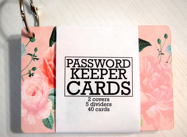 Vintage rose password keeper on a ring with a wrapper that says: Password Keeper Cards: 2 covers, 5 dividers, 40 cards.