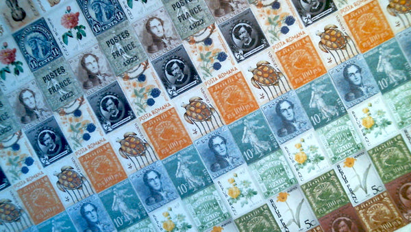Close ups of many stamps on an angle