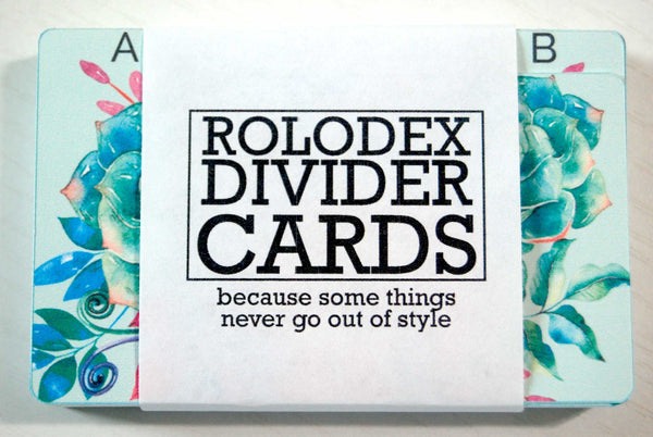 Green, blue purple, and mint green Rolodex Dividers with a succulent plant print in a cute wrapper
