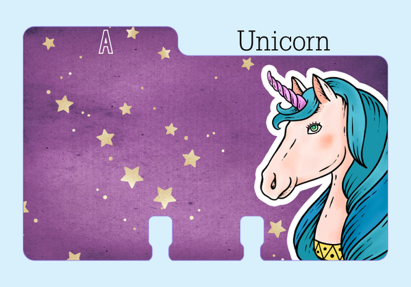 A Purple Rolodex Divider with a Unicorn head along the side. The unicorn has blue hair and a pink horn. It is on a pale blue background with the word "Unicorn."