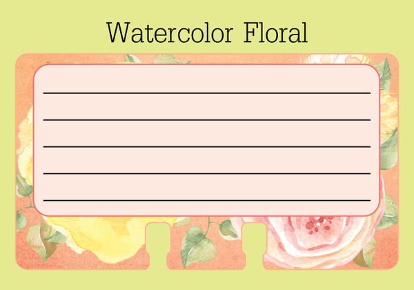 A single lined Rolodex refill card on a green background with the words "Watercolor Floral." The card is pale pink in the center with 5 black lines for writing. The outer edge is a flora print in coral, yellow, pink, white and green.