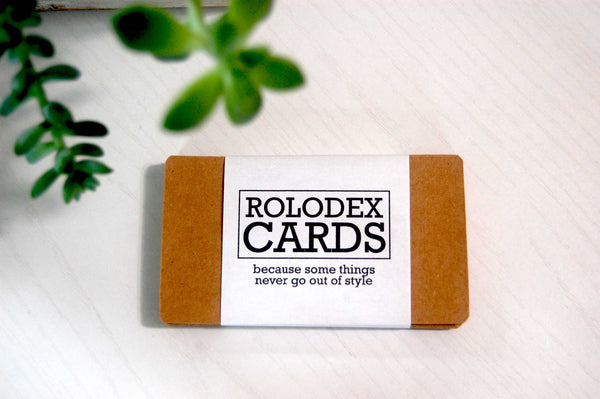 Kraft Rolodex cards in a wrapper that says "Because some things never go out of style."