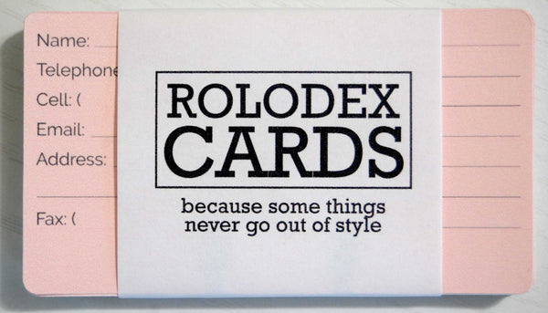 Colorful Pastel Rolodex Contact Cards: A bundle of 30 with the pink one on top. There is a black and white wrapper that says "ROLODEX CARDS: because some things never go out of style.