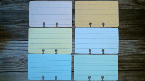 3 x 5 lined Rolodex cards in 6 colors: pink, yellow, blue, orange purple and green.