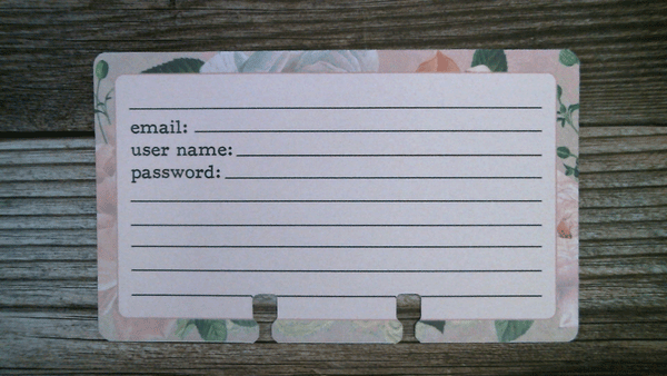 3 x 5 Rolodex password cards with spaces to write email, user name, and password. They are pale pink with a pink floral border.