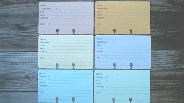 3 x 5 Rolodex contact cards in pink, yellow, blue, orange, purple and green colors.