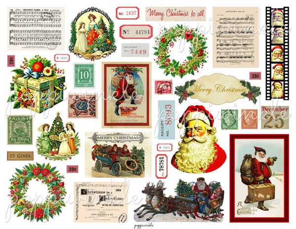 Printable vintage Christmas ephemera: Digital images of stamps, numbers, Santa, presents, wreaths, and more.