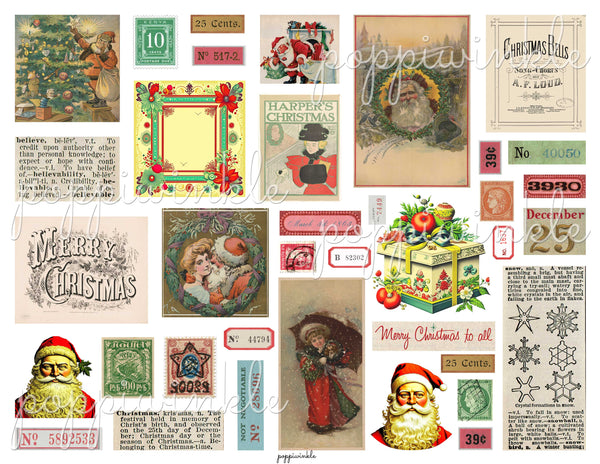 A page full of vintage Christmas ephemera in red, green, yellow, blue, and black and white.