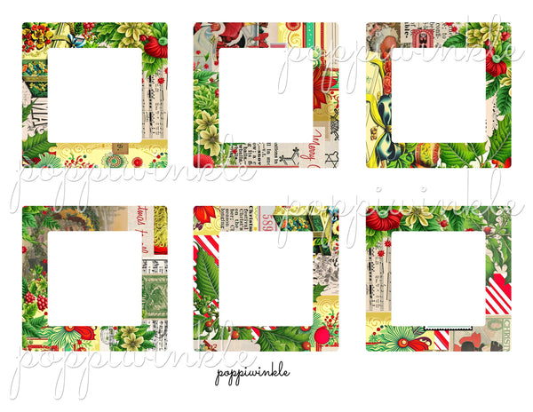 A digital download with 6 square frames in a vintage collage style. The main colors are green, red, yellow, white, beige, black.