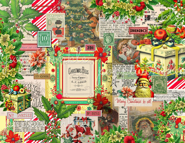 A vintage Christmas collage page with typography, Santa, holly, presents poinsettias, and ephemera.