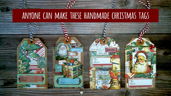 Four handmade vintage Christmas gift tags. The colors are red, green, white, blue, yellow, brown.