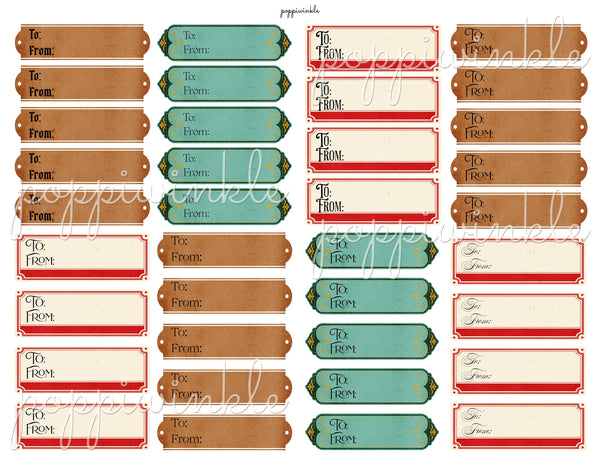 Printable To/From Gift labels in 8 different vintage styles in green, brown, and red and white.