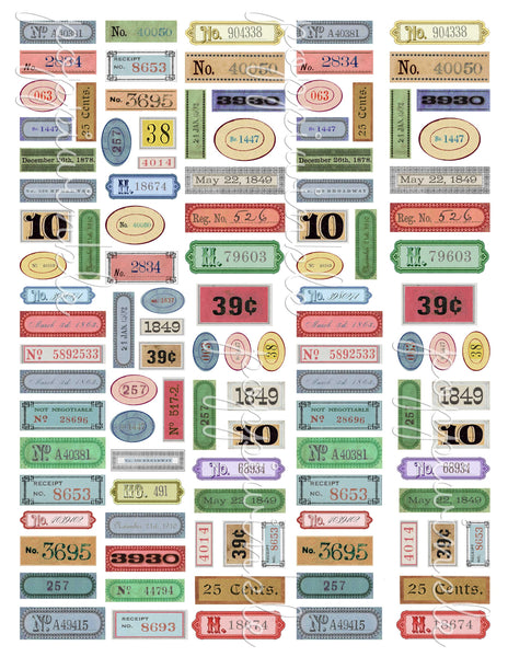 A printable page of colorful numbers in smaller sizes. All the numbers are in  vintage style frames.