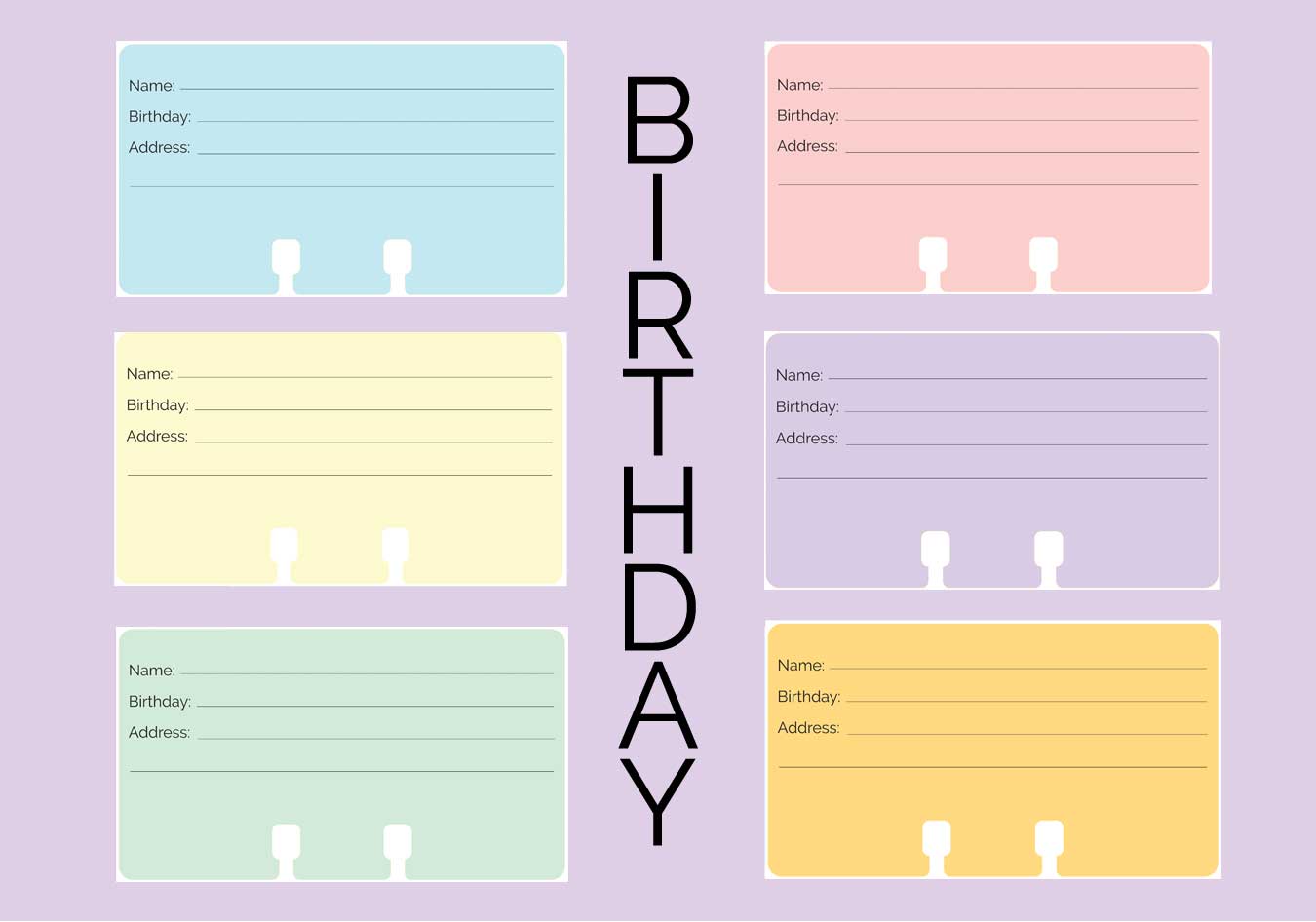 6 colorful Rolodex cards in blue, pink, yellow, purple, green and orange. They have lines and spaces for Name, Birthday, and Address. They are custom Birthday Rolodex Cards.