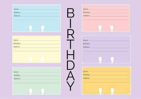 6 colorful Rolodex cards in blue, pink, yellow, purple, green and orange. They have lines and spaces for Name, Birthday, and Address. They are custom Birthday Rolodex Cards.