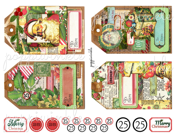 Four vintage style Christmas gift tags with sewing, layering and hardware details. Also, there are small numbers and Christmas embellishments.