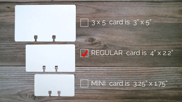 # sizes of Rolodex cards showing 5 x 3, Regular 4 inch, and 3.25 Mini. The Regular size is check marked.