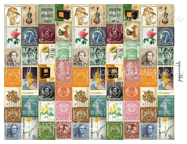 A printable page of colorful vintage style postage stamps. The stamps are in rows for easy cutting and are 1 inch wide.