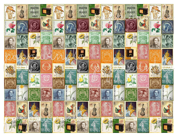 A printable page of colorful vintage style postage stamps. The stamps are in rows for easy cutting and are .75 inch wide.