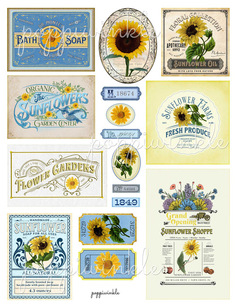 Vintage themed junk journal sunflower ephemera