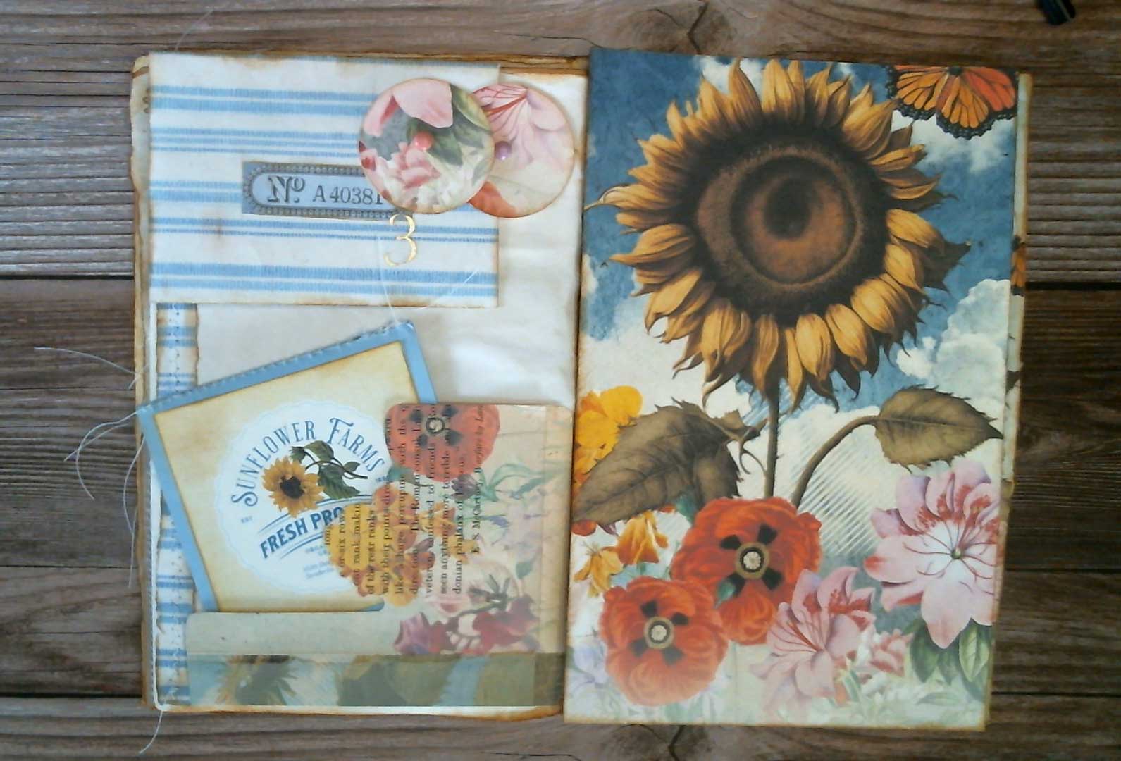 A rainbow colored junk journal spread created from the sunflower printable.