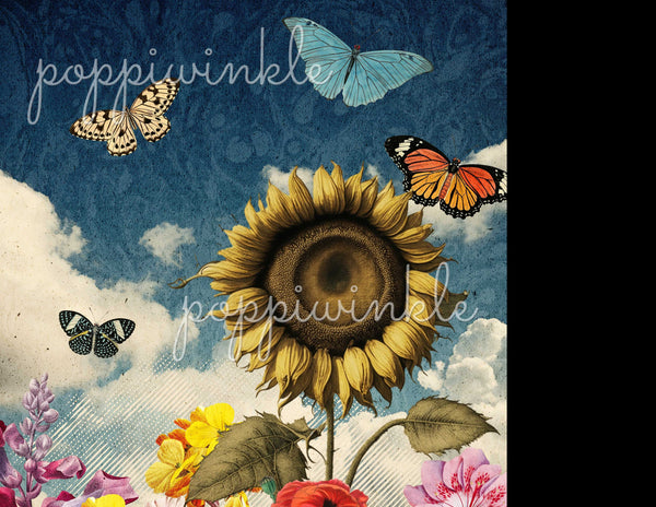 A gorgeous vertical sunflower journaling page with butterflies and multi colored flowers.