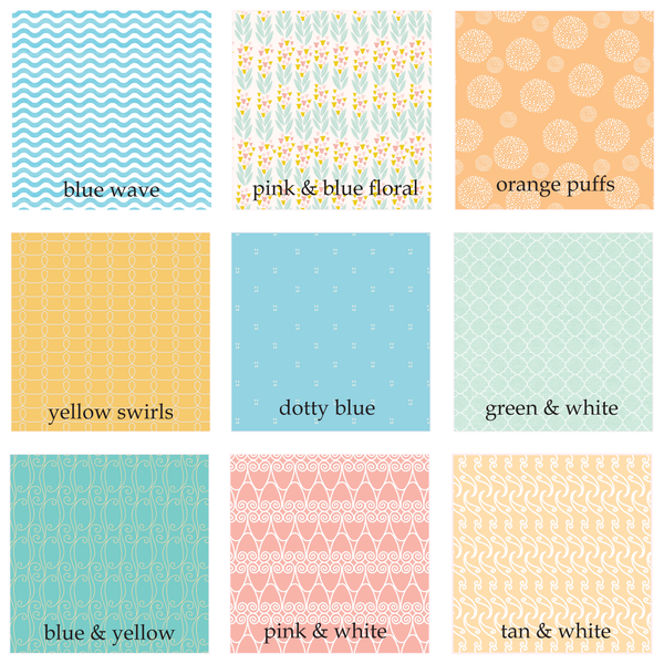 9 colorful pastel patterns: Blue Wave, Pink & Blue Floral, Orange Puffs, Yellow Swirls, Dotty Blue, Green & White, Blue & Yellow, Pink & White, and Tan & White
