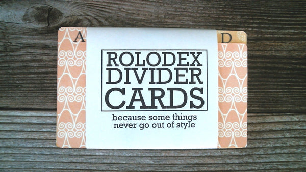 Hand made colorful Rolodex dividers in a bold wrapper that says " ROLODEX DIVIDER CARDS - because some things never go out of style"