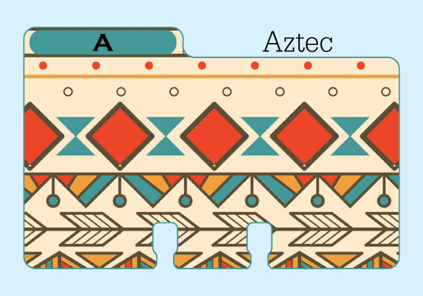 A Rolodex Divider in a colorful beige, red, blue, orange, brown print. It is on a pale blue background with the word "Aztec."